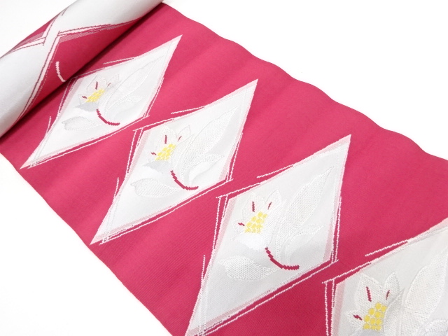 JAPANESE KIMONO / ANTIQUE BOLT FOR HASSUN OBI / WOVEN RHOMBUS & FLOWER